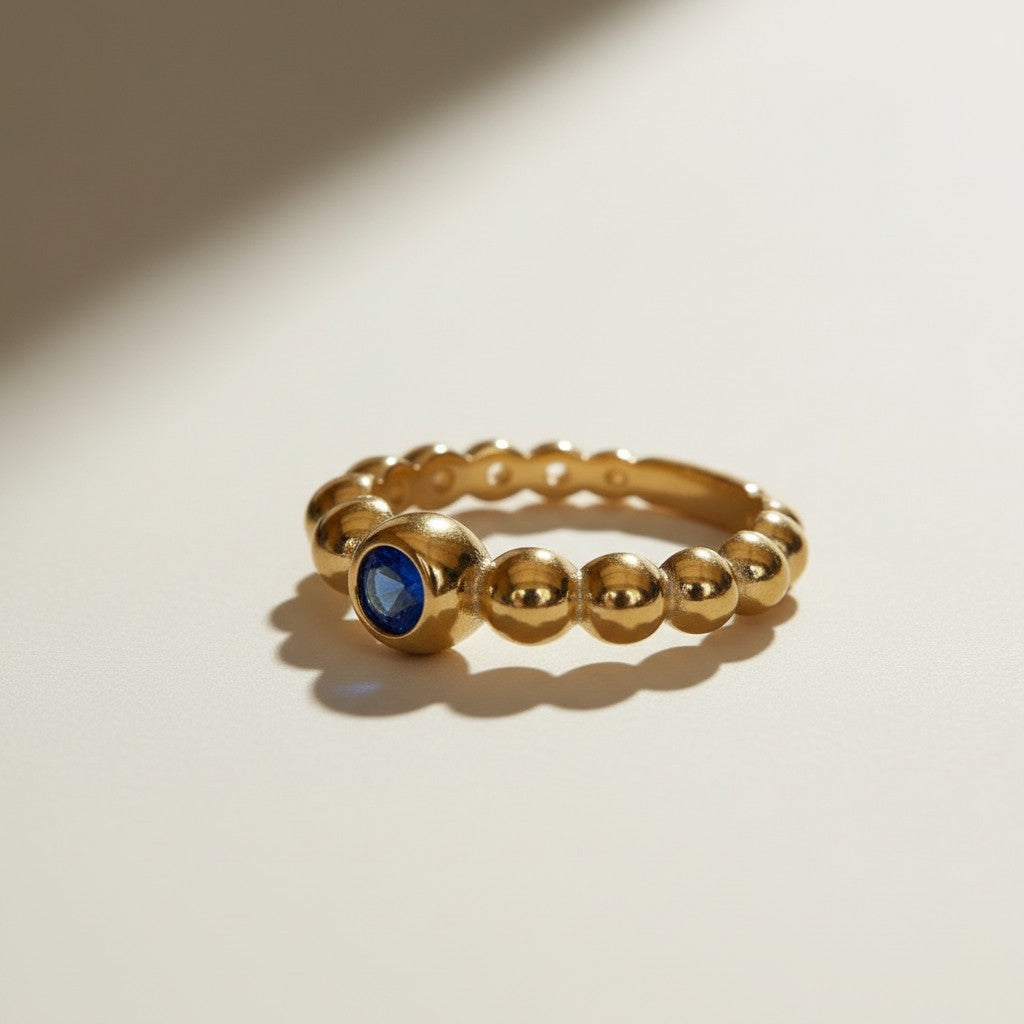 sapphire beaded ring, gold bubble ring, blue sapphire gold ring, beaded band ring, stacking gold ring, statement sapphire ring, textured gold ring, bezel set sapphire ring