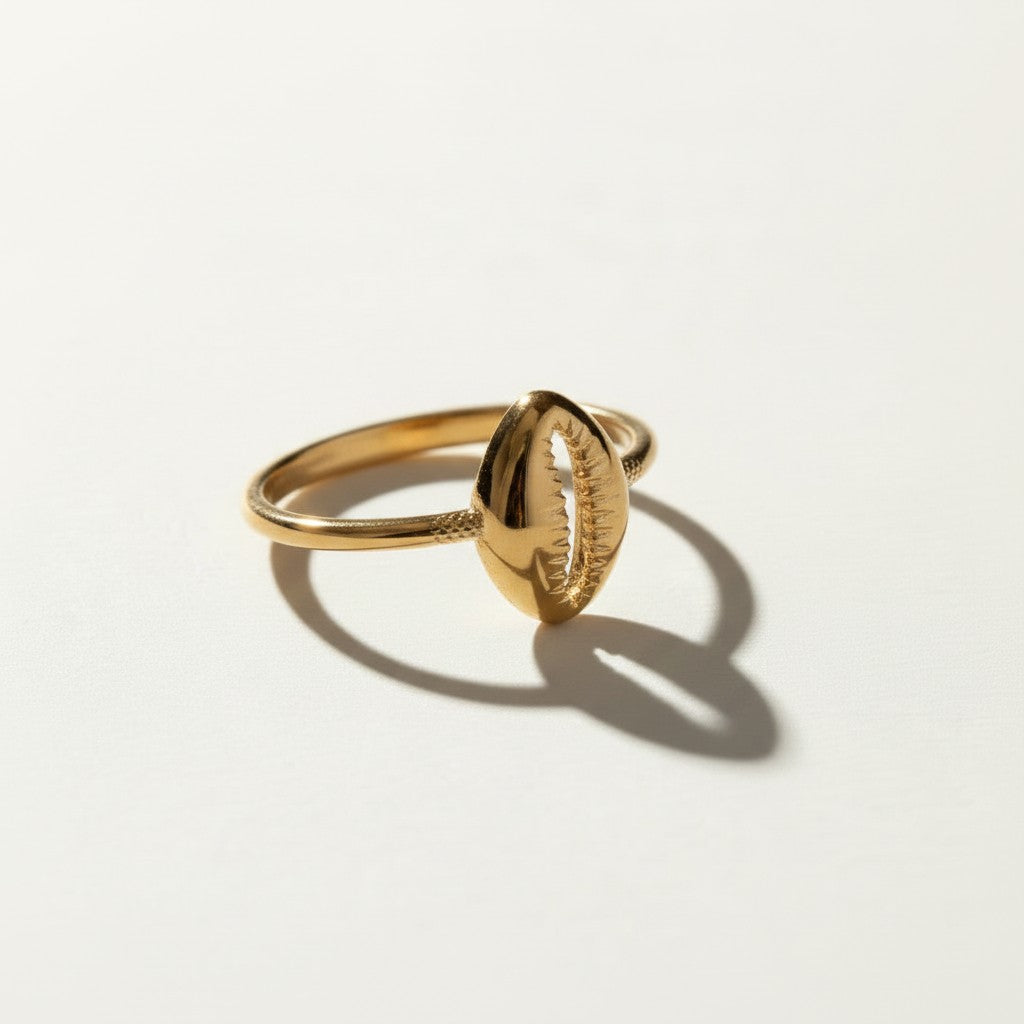 cowrie shell ring, gold cowrie ring, shell motif ring, seashell ring, dainty gold ring, beach jewelry ring, minimalist stacking ring, cowrie jewelry