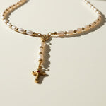 pearl rosary necklace, freshwater pearl rosary necklace, gold bead rosary necklace, rosary style necklace, pearl cross necklace, miraculous medal necklace, Catholic jewelry, religious necklace, first communion gift, confirmation gift, baptism gift, vintage-style pearl necklace, gift for her