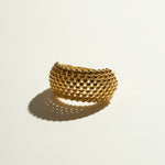 mesh dome ring, textured statement ring, perforated gold ring, split shank ring, beaded texture ring, sculptural dome ring, gold statement ring, lattice ring detail