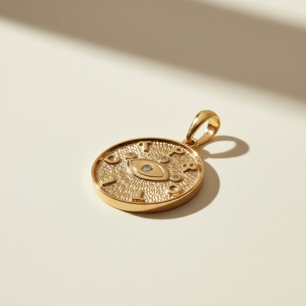 protected pendant, evil eye coin necklace, gold word pendant, medallion pendant gold, symbolic jewelry, textured gold pendant, protective jewelry, layering pendant