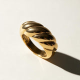 croissant ring, twisted ridge gold ring, textured dome ring, chunky gold ring, 18k gold overlay ring, statement gold ring, ribbed gold band ring, sculptural gold ring