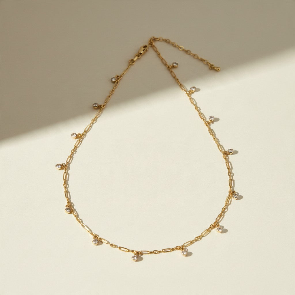 gold paperclip chain necklace, crystal station necklace, dangling crystal necklace, bezel crystal necklace, gold-tone choker necklace, dainty gold necklace, sparkle chain necklace, adjustable gold necklace, lobster clasp necklace, layering necklace, bridal party necklace, gift for her jewelry