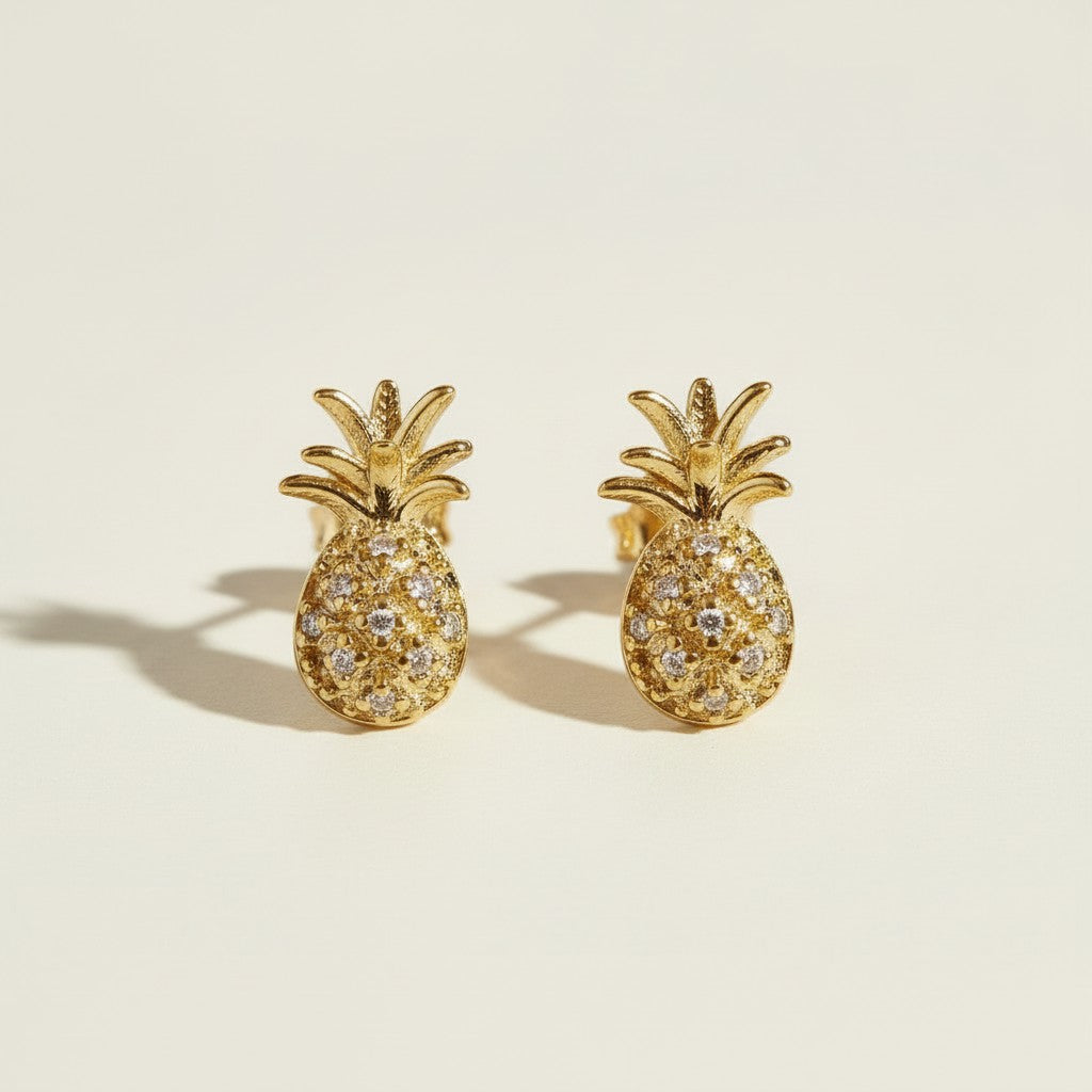 : pineapple stud earrings, pavé pineapple earrings, gold pineapple studs, tropical stud earrings, crystal fruit earrings, dainty novelty earrings, summer stud earrings, pineapple earrings detail
