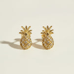 : pineapple stud earrings, pavé pineapple earrings, gold pineapple studs, tropical stud earrings, crystal fruit earrings, dainty novelty earrings, summer stud earrings, pineapple earrings detail