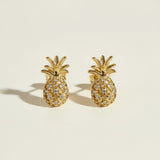 : pineapple stud earrings, pavé pineapple earrings, gold pineapple studs, tropical stud earrings, crystal fruit earrings, dainty novelty earrings, summer stud earrings, pineapple earrings detail