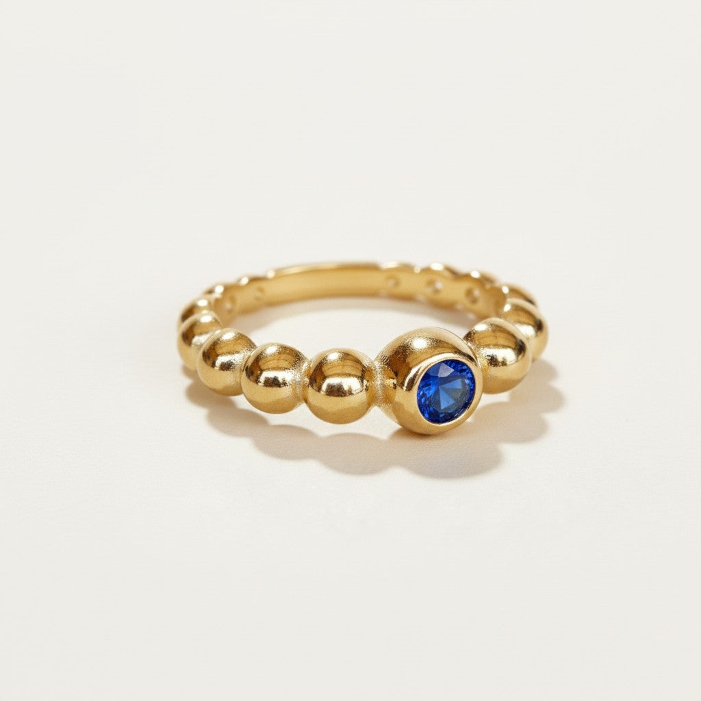 sapphire beaded ring, gold bubble ring, blue sapphire gold ring, beaded band ring, stacking gold ring, statement sapphire ring, textured gold ring, bezel set sapphire ring