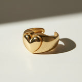 heart signet ring, gold heart ring, chunky heart ring, adjustable open ring, textured gold ring, dome band heart ring, statement heart jewelry, 18k gold overlay ring