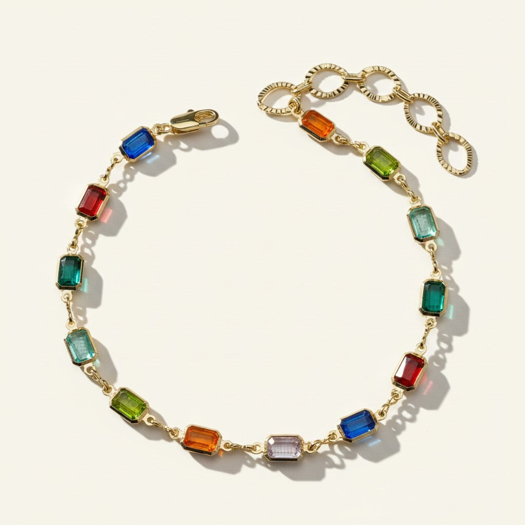 multicolor gemstone bracelet, rainbow tennis bracelet, emerald cut stone bracelet, colorful gold bracelet, gemstone chain bracelet, statement bracelet, adjustable gold bracelet, birthstone style bracelet