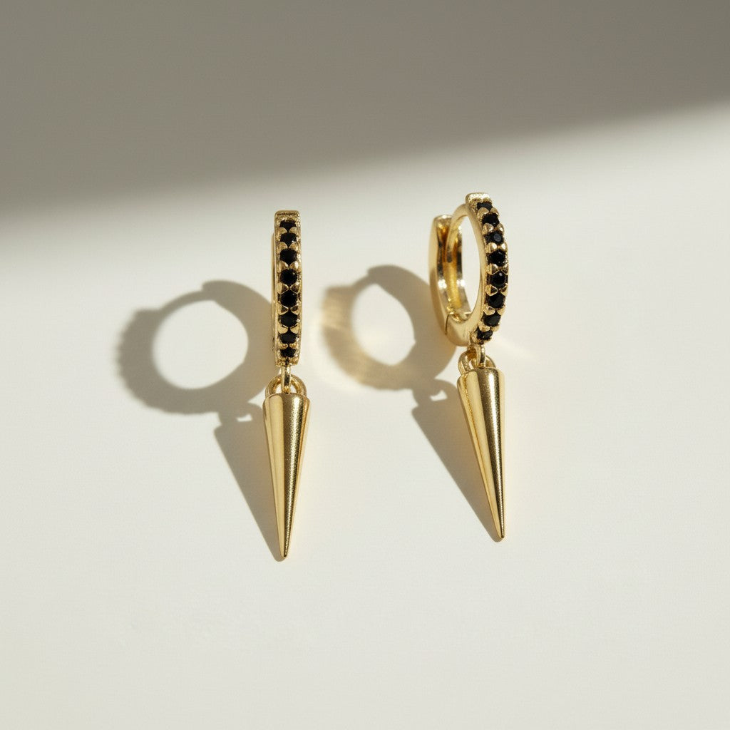 gold huggie hoop black spike, black pave hoop earrings, edgy drop huggie earrings, spike charm hoop earrings, gold and black earrings, minimalist edgy hoops, huggie earrings with drop