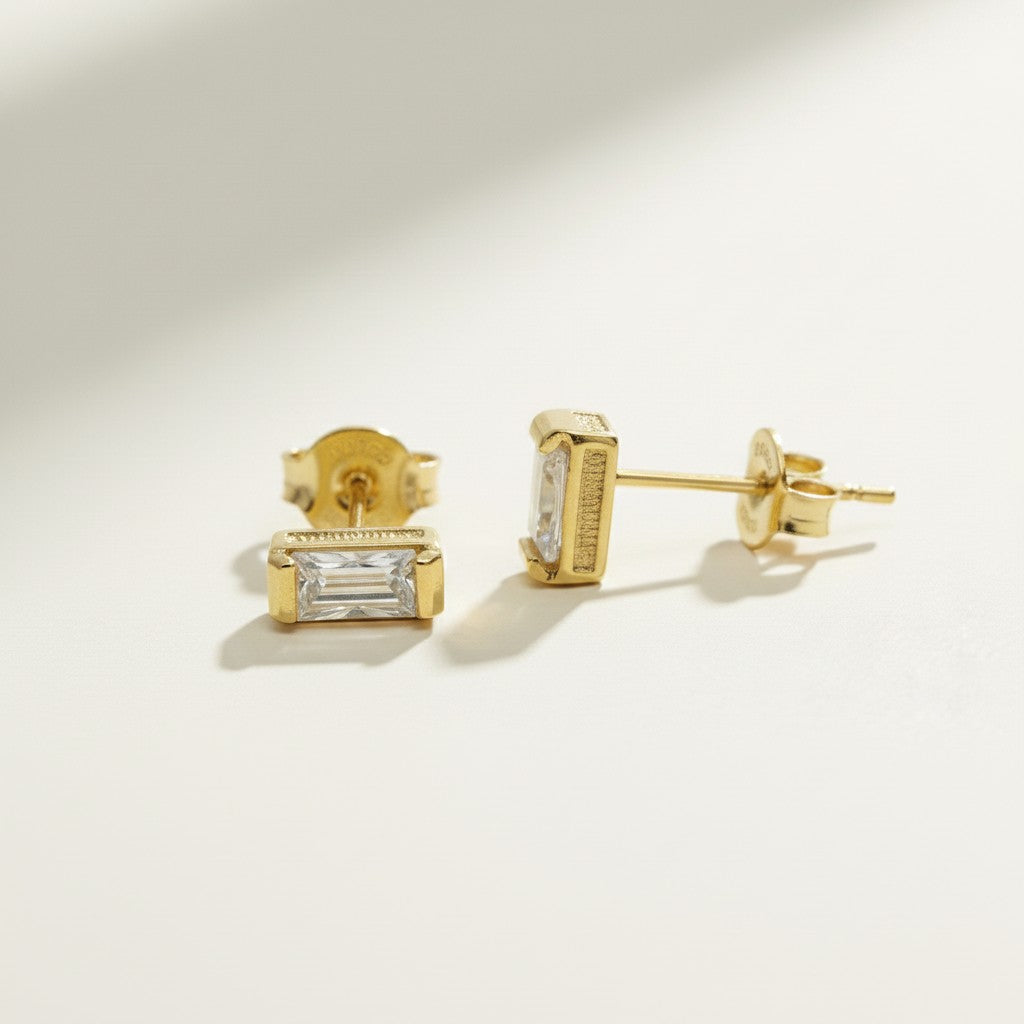 baguette stud earrings, gold baguette earrings, rectangle stud earrings, cubic zirconia baguette studs, minimalist stud earrings, dainty gold studs, milgrain stud earrings, everyday stud earrings, small sparkle earrings, earring stack studs, bridesmaid gift, gift for her