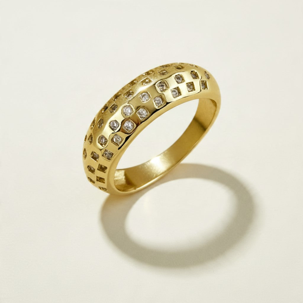 chunky gold dome ring, crystal dome ring, wide gold band ring, statement gold ring, sparkly dome ring, cubic zirconia band ring, thick gold ring, scattered crystal ring, gold stacking ring, bold gold ring, chunky ring for women, matching ring and earrings