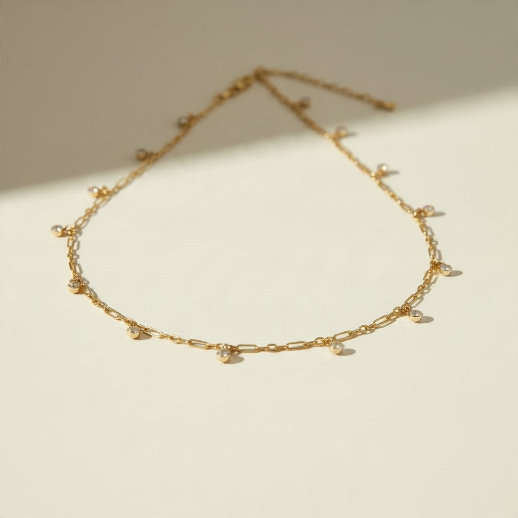 gold paperclip chain necklace, crystal station necklace, dangling crystal necklace, bezel crystal necklace, gold-tone choker necklace, dainty gold necklace, sparkle chain necklace, adjustable gold necklace, lobster clasp necklace, layering necklace, bridal party necklace, gift for her jewelry