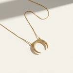 crescent horn necklace, pavé crescent pendant, gold crescent moon necklace, box chain crescent necklace, celestial pendant necklace, crystal horn pendant, dainty moon jewelry