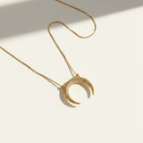 crescent horn necklace, pavé crescent pendant, gold crescent moon necklace, box chain crescent necklace, celestial pendant necklace, crystal horn pendant, dainty moon jewelry