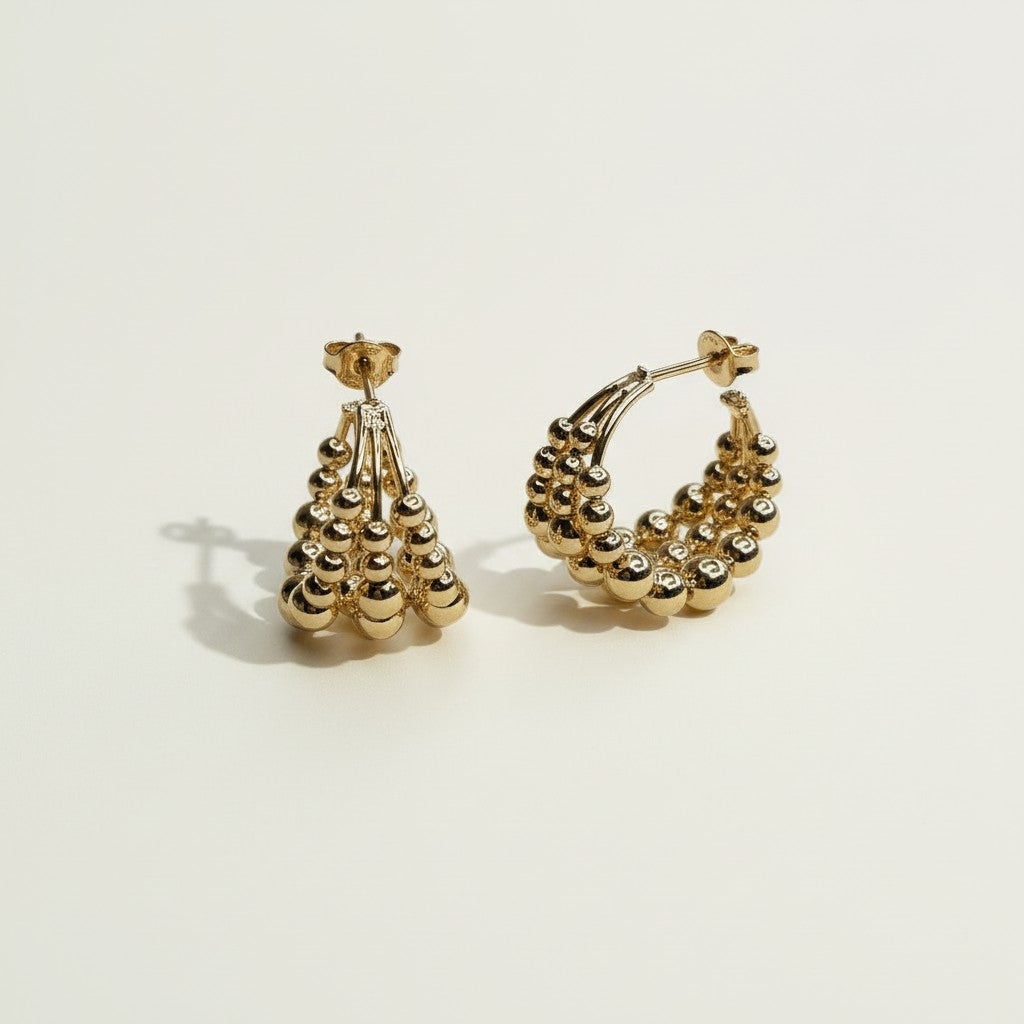 gold beaded hoop earrings, cluster hoop earrings, textured gold hoops, statement beaded earrings, tiered gold hoop earrings, chunky gold hoop earrings, sculptural gold earrings, beaded statement hoops