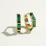 gold baguette hoop earrings, huggie hoops with stones, black baguette earrings, emerald huggie hoops, clear crystal hoop earrings, gold huggie hoops colorways, baguette cut earrings, statement huggie hoops