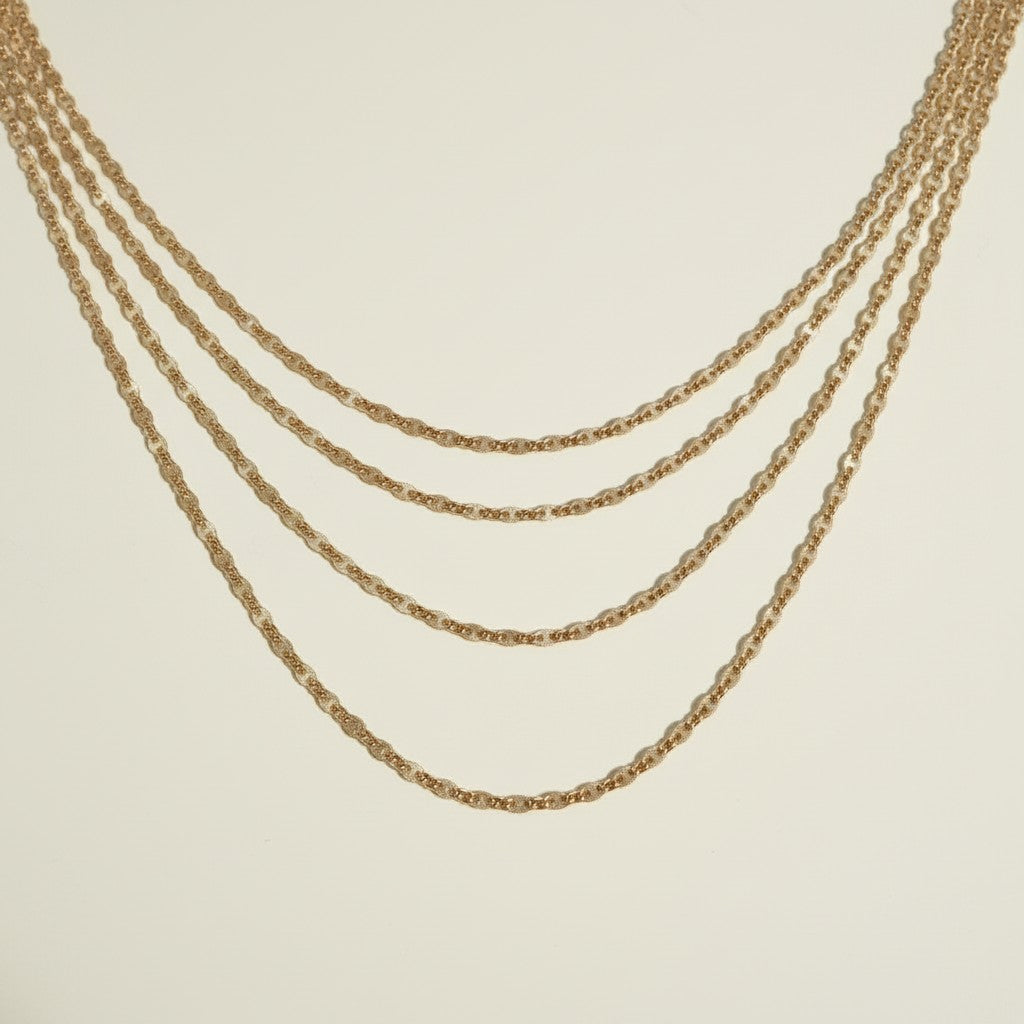 textured chain necklace, layered gold chains, fine link chain necklace, satin finish gold chain, graduated length necklaces, dainty layering chains, matte sparkle chain, gold chain set