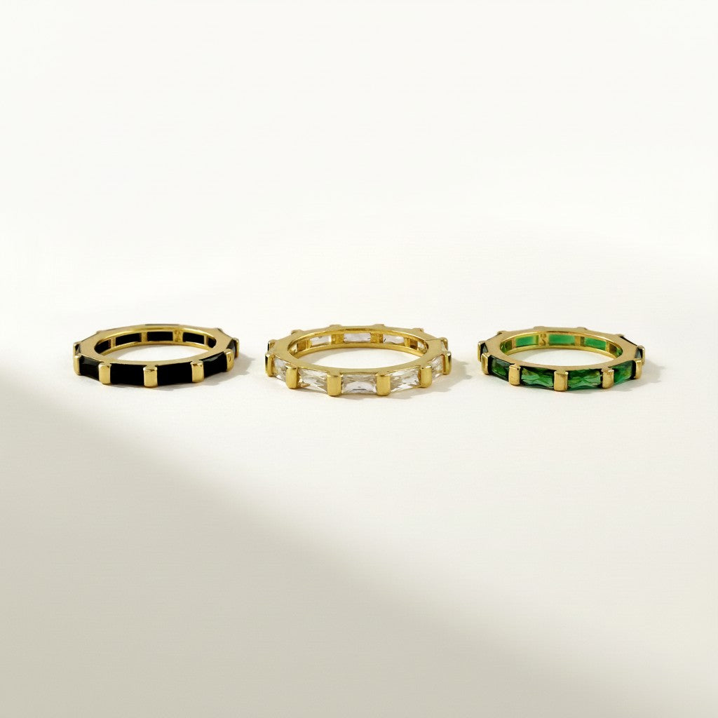 baguette eternity ring, gold eternity band, emerald baguette ring, black baguette eternity band, clear crystal eternity ring, statement stacking ring, gold band with stones, baguette cut ring
