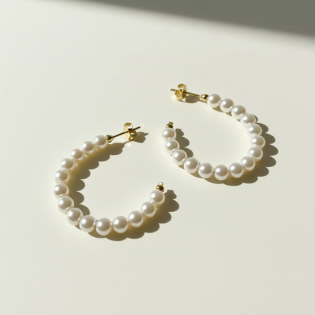 pearl hoop earrings gold, beaded pearl hoops, freshwater pearl hoop earrings, classic pearl earrings, white pearl hoops gold, timeless pearl jewelry, wedding pearl earrings