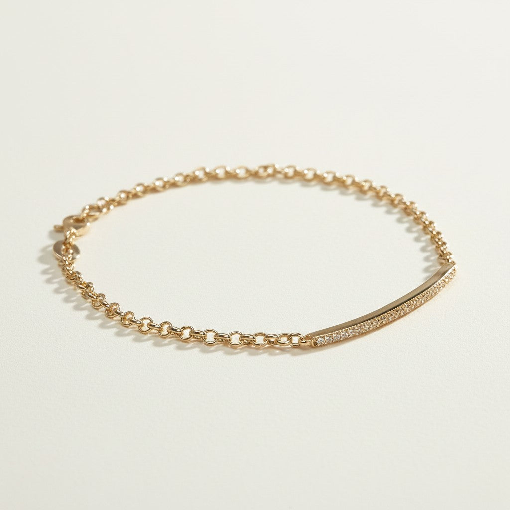 CZ bar bracelet flat lay, cubic zirconia bracelet detail, gold overlay bracelet construction, adjustable CZ bracelet clasp, sparkly bar bracelet, rolo chain CZ bracelet, minimalist gold bracelet, pave CZ bracelet closeup