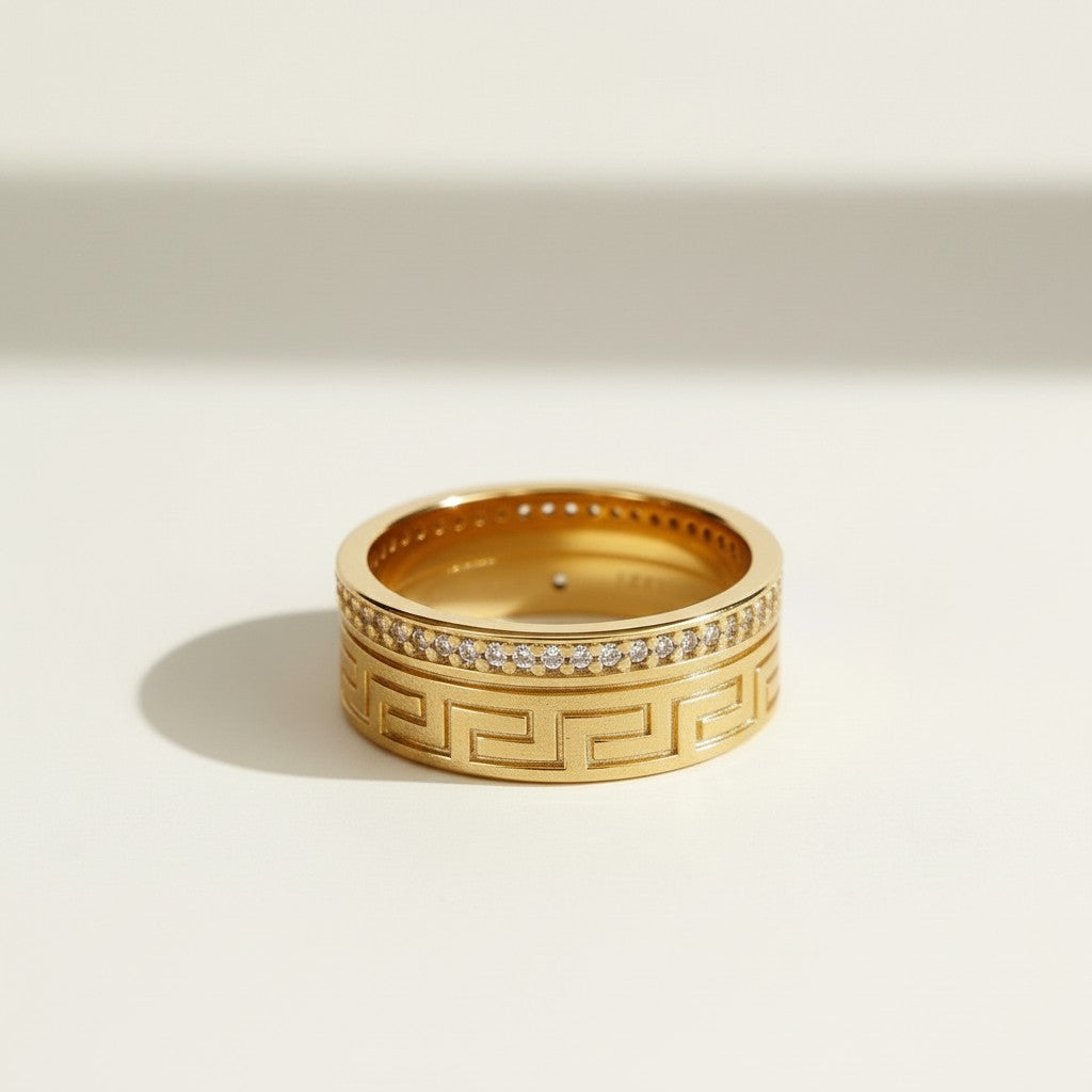 Greek key ring, meander pattern band ring, wide gold band ring, pavé band ring, engraved gold ring, statement band ring, geometric gold ring, crystal accent band