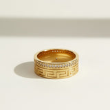 Greek key ring, meander pattern band ring, wide gold band ring, pavé band ring, engraved gold ring, statement band ring, geometric gold ring, crystal accent band