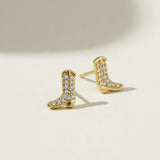 cowboy boot earrings, gold cowboy boot studs, western stud earrings, pavé boot earrings, cowgirl earrings, country concert jewelry, western jewelry, sparkly stud earrings, novelty stud earrings, cubic zirconia boot studs, fun gold stud earrings, gift for cowgir