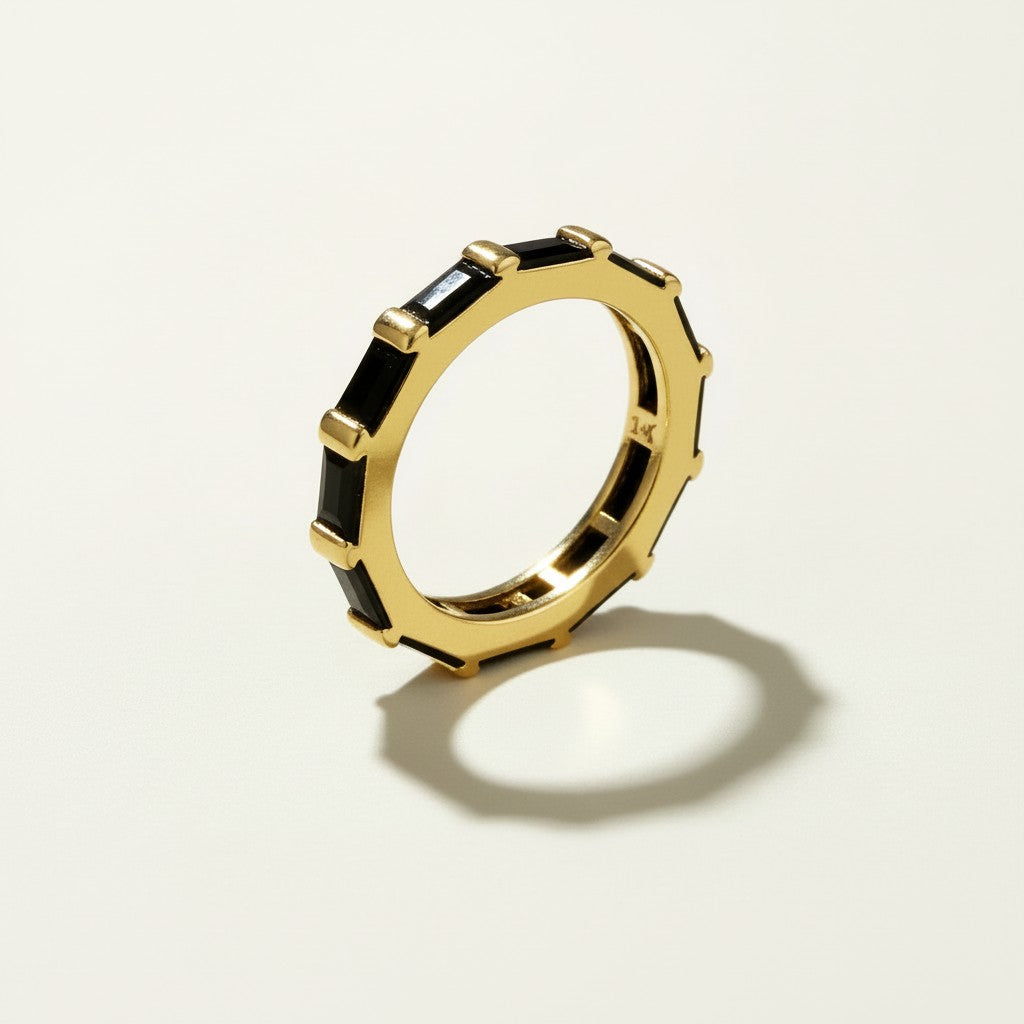 baguette eternity ring, gold eternity band, emerald baguette ring, black baguette eternity band, clear crystal eternity ring, statement stacking ring, gold band with stones, baguette cut ring