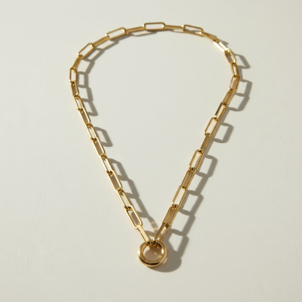gold paperclip chain necklace, oval link necklace with ring clasp, modern statement chain necklace, architectural gold necklace, front clasp necklace gold, chunky paperclip chain