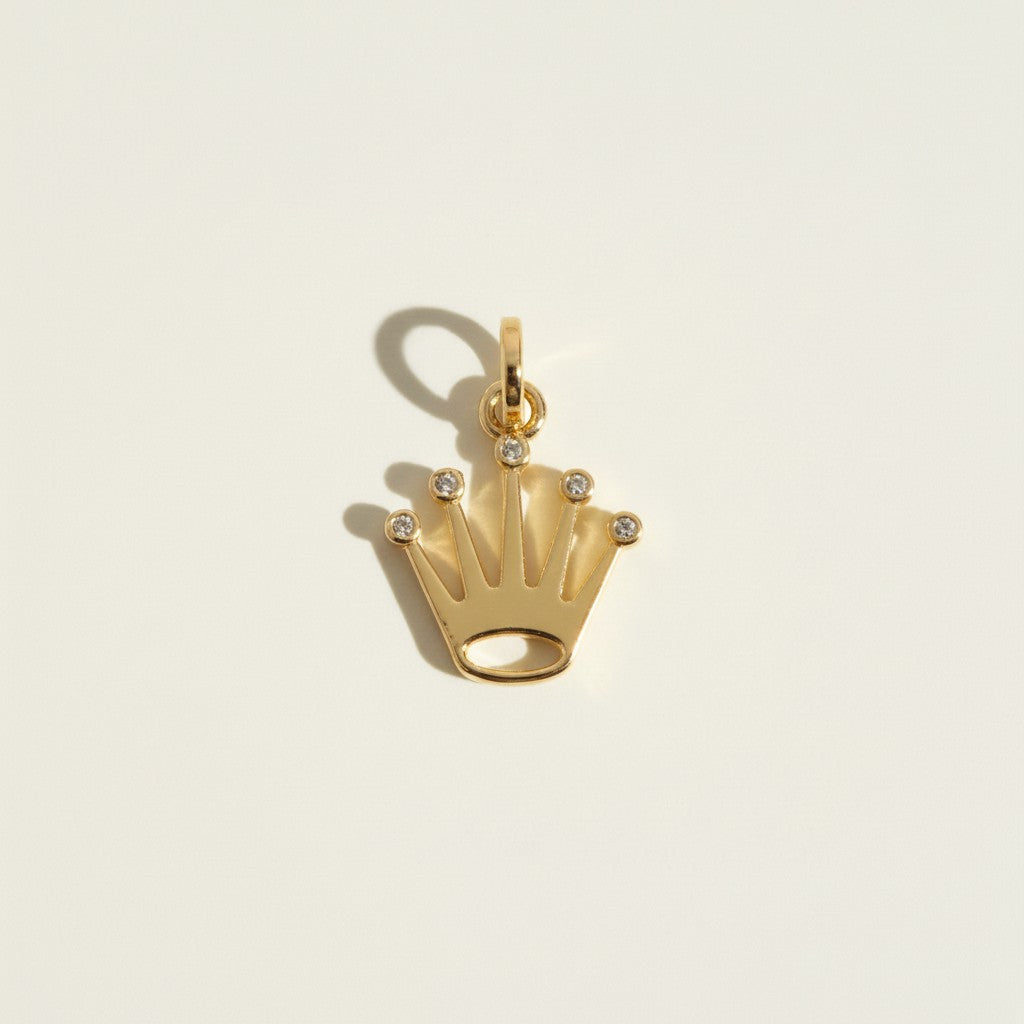 Crown Pendant Charm with 5 CZ Stones, open crown pendant, its five pointed spikes each tipped with a dazzling bezel-set cubic zirconia stone for a regal, radiant sparkle