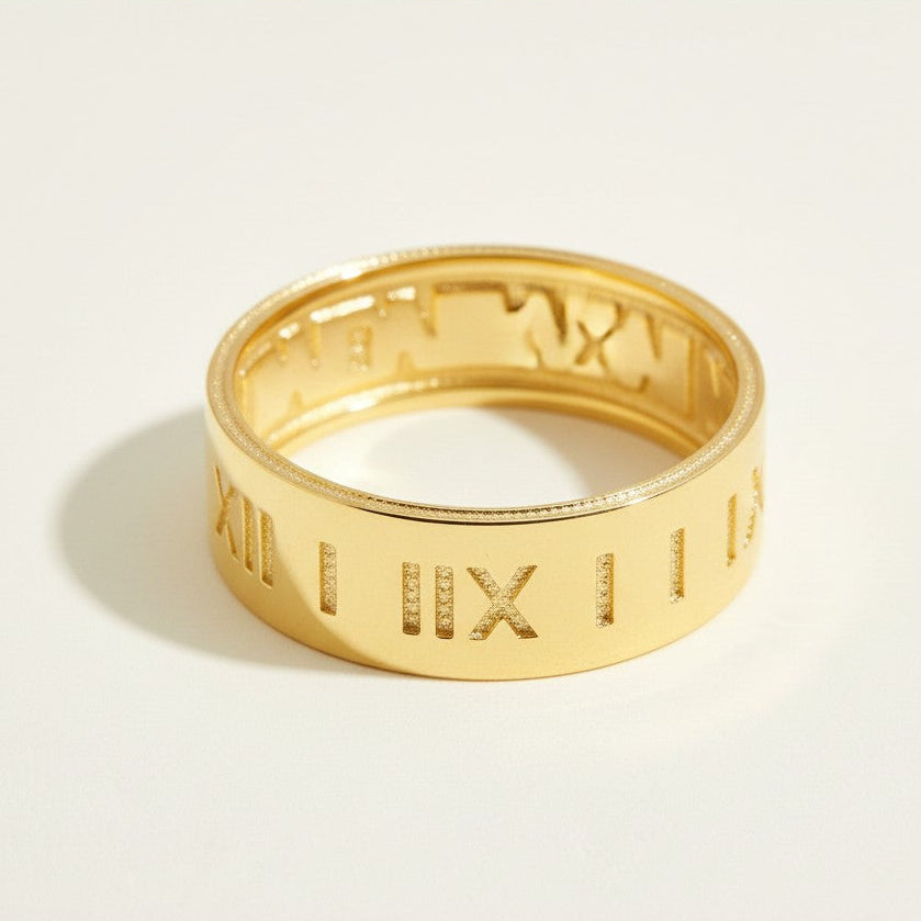 roman numeral ring, engraved gold band ring, wide gold band ring, numeral motif jewelry, statement gold ring, milgrain edge ring, textured gold ring, roman numeral jewelry