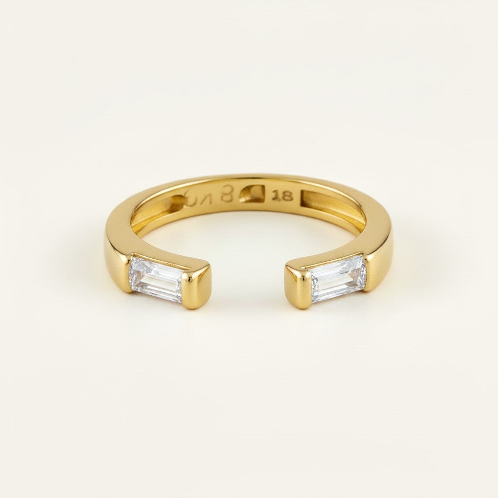 open baguette ring, gold ring with stones, adjustable open ring, black baguette ring, emerald baguette ring, clear crystal open ring, stacking gold ring, statement baguette jewelry
