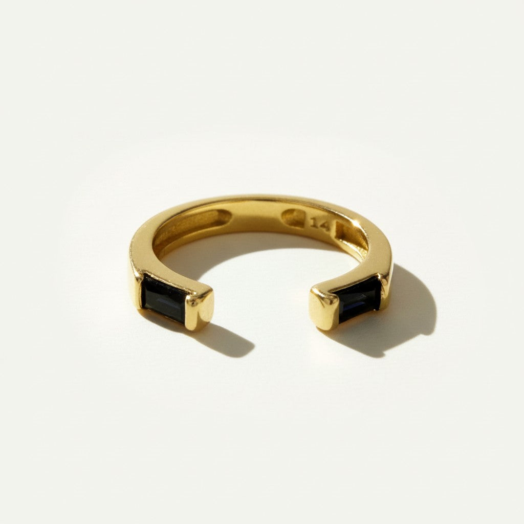 open baguette ring, gold ring with stones, adjustable open ring, black baguette ring, emerald baguette ring, clear crystal open ring, stacking gold ring, statement baguette jewelry