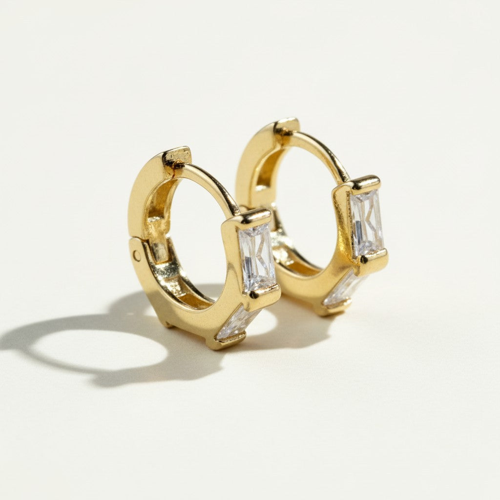  gold baguette hoop earrings, huggie hoops with stones, black baguette earrings, emerald huggie hoops, clear crystal hoop earrings, gold huggie hoops colorways, baguette cut earrings, statement huggie hoops