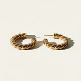 twisted rope hoop earrings flat lay, gold rope texture hoops detail, small twisted hoops, textured gold hoop earrings, everyday gold hoops, sculptural rope earrings, statement gold hoops, polished twisted earrings