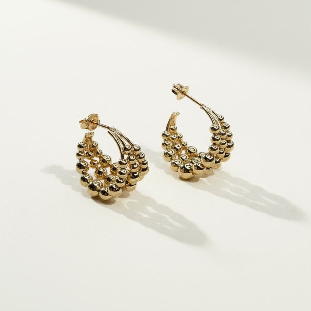 gold beaded hoop earrings, cluster hoop earrings, textured gold hoops, statement beaded earrings, tiered gold hoop earrings, chunky gold hoop earrings, sculptural gold earrings, beaded statement hoops