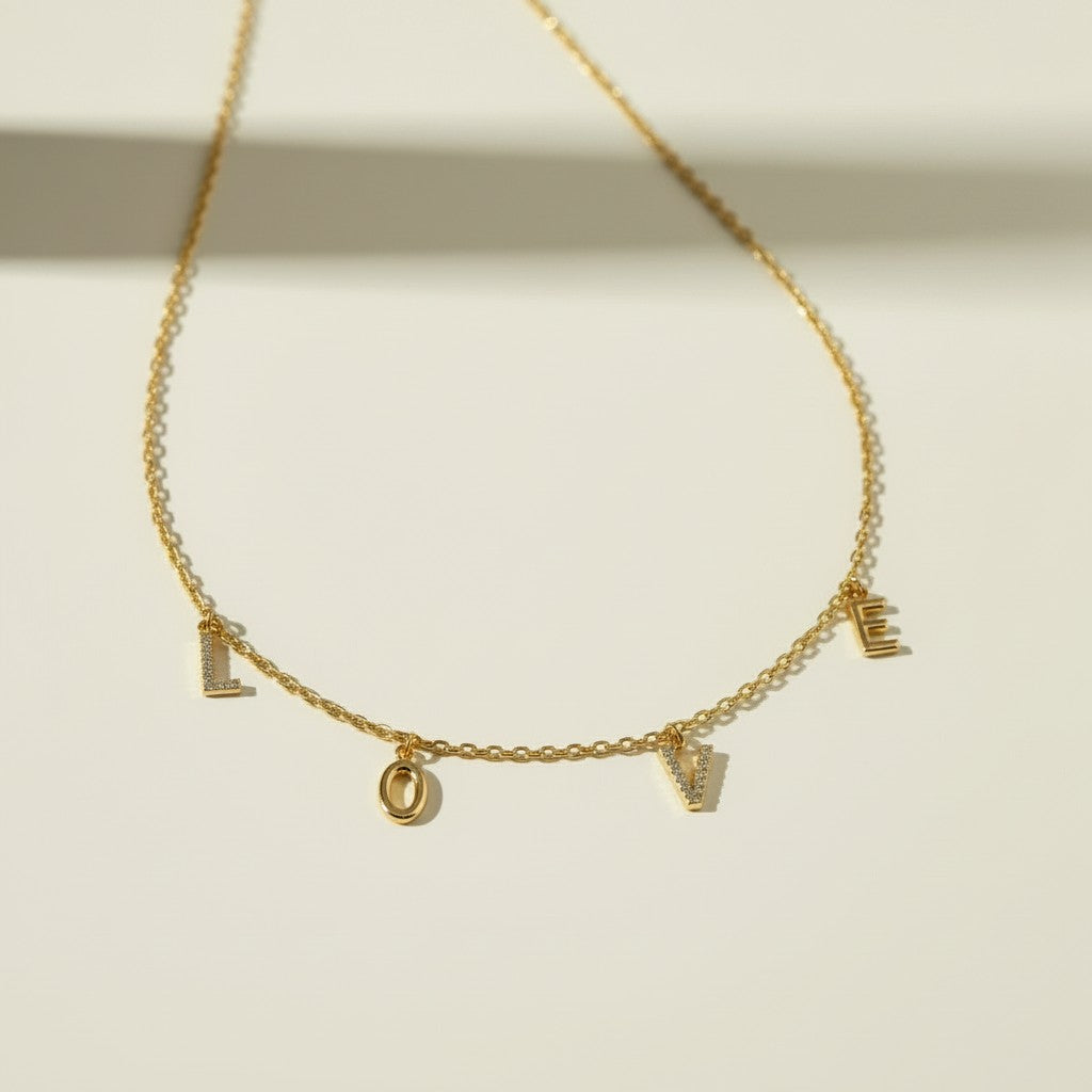 love necklace, letter charm necklace, dangling love pendant necklace, pavé letter necklace, gold love charm necklace, sentimental jewelry, word necklace, cubic zirconia letter necklace