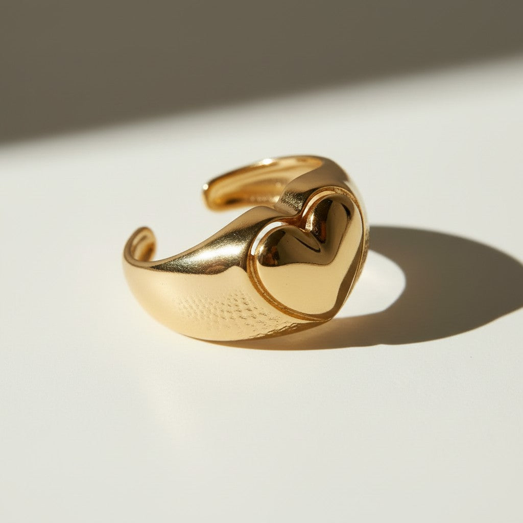 heart signet ring, gold heart ring, chunky heart ring, adjustable open ring, textured gold ring, dome band heart ring, statement heart jewelry, 18k gold overlay ring