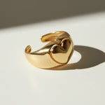 heart signet ring, gold heart ring, chunky heart ring, adjustable open ring, textured gold ring, dome band heart ring, statement heart jewelry, 18k gold overlay ring