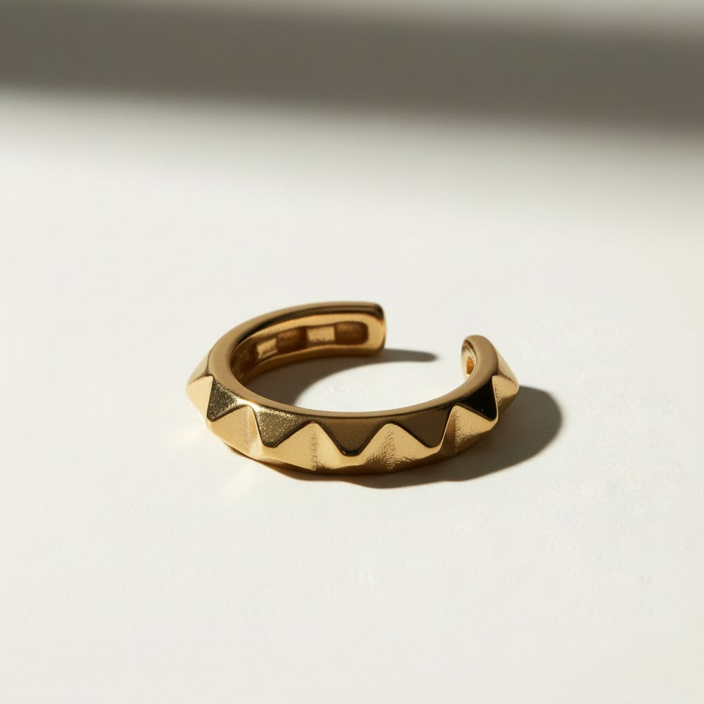 gold zigzag ring, pyramid statement ring, adjustable gold ring, geometric stacking ring, open band gold ring, textured statement ring, chunky gold ring, edgy gold ring