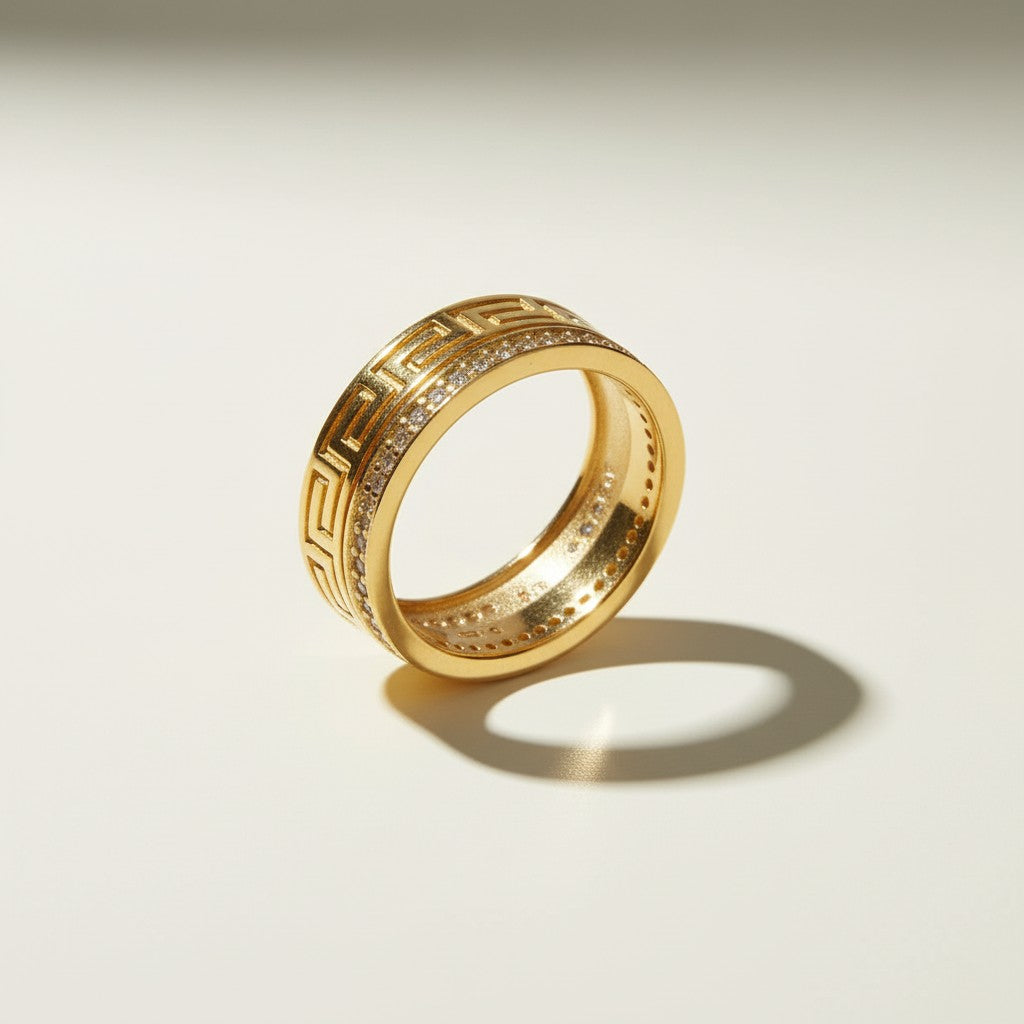 Greek key ring, meander pattern band ring, wide gold band ring, pavé band ring, engraved gold ring, statement band ring, geometric gold ring, crystal accent band