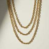  chunky gold chain necklace, oval link chain necklace, layered gold chains on model, gold cable chain necklace, statement chain necklace, graduated length chain layering, bold link necklace