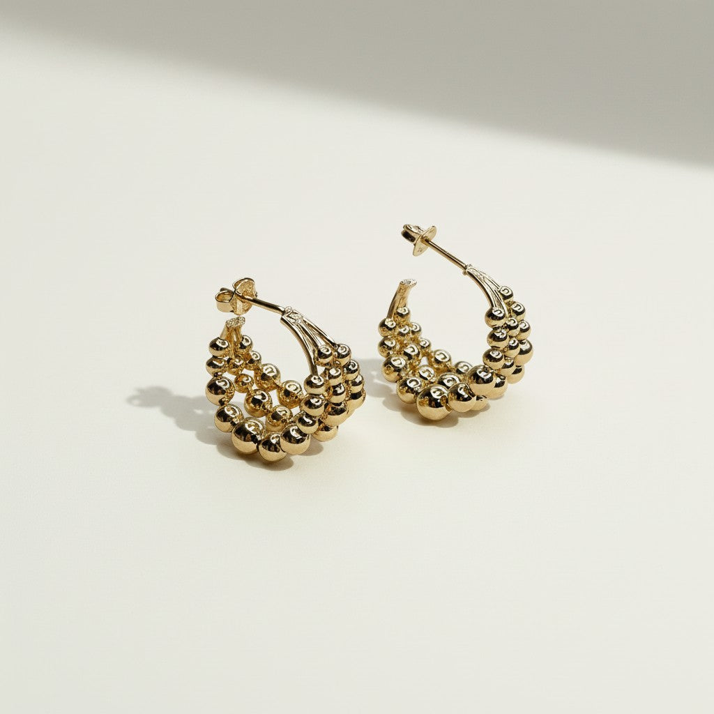 gold beaded hoop earrings, cluster hoop earrings, textured gold hoops, statement beaded earrings, tiered gold hoop earrings, chunky gold hoop earrings, sculptural gold earrings, beaded statement hoops