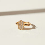 hamsa ring, pavé hamsa hand ring, crystal hamsa ring, gold hamsa jewelry, dainty symbol ring, protective charm ring, minimalist stacking ring, hamsa ring detail