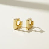 square huggie hoop earrings, gold geometric earrings, modern hoop earrings, angular gold hoops, polished square earrings, minimalist huggie earrings, statement gold hoops, architectural earrings