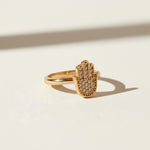 hamsa ring, pavé hamsa hand ring, crystal hamsa ring, gold hamsa jewelry, dainty symbol ring, protective charm ring, minimalist stacking ring, hamsa ring detail