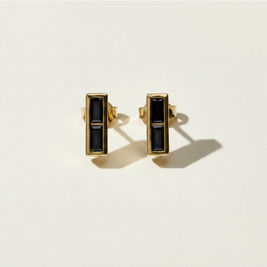 gold baguette bar earrings, geometric stud earrings, black baguette stud earrings, emerald bar stud earrings, clear crystal bar earrings, minimalist gold stud earrings, gold bar earrings colorways, small statement studs