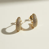 textured gold hoop earrings flat lay, pave dome hoop earrings, sparkly textured hoops detail, micro CZ gold hoops, stardust texture earrings, tapered gold huggie hoops, sugared gold earrings, statement pave hoops