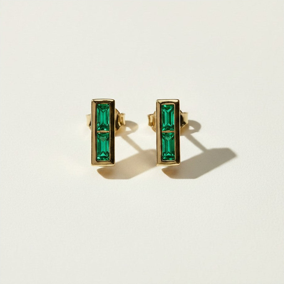 gold baguette bar earrings, geometric stud earrings, black baguette stud earrings, emerald bar stud earrings, clear crystal bar earrings, minimalist gold stud earrings, gold bar earrings colorways, small statement studs